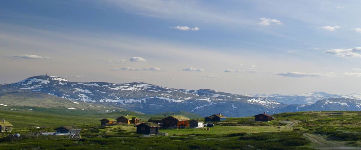 A rural landscape with green fields, a few wooden houses, and snow-capped mountains in the background.