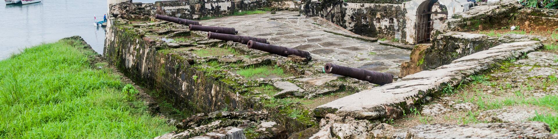 A coastal fort with cannons, boats, and palm trees in the background.