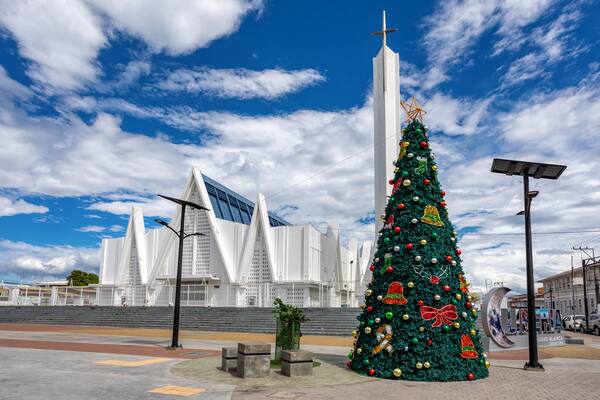 Christmas tree in front of Iglesia Inmaculada Concepcion de Maria in the Central Plaza of Liberia, cathedral church in Costa Rica