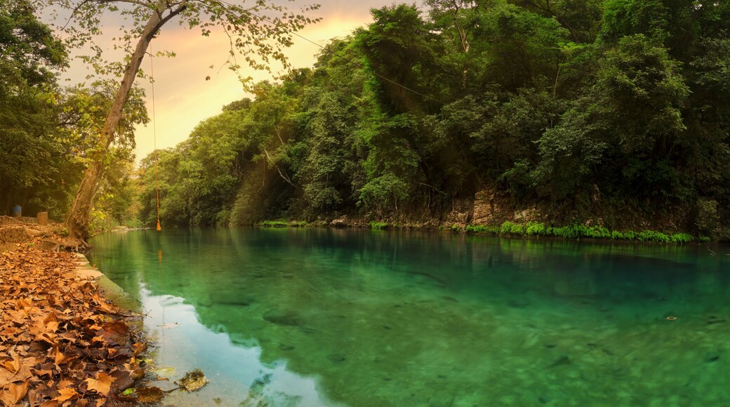 sunset in the river with reflex,Forest river stones landscape,beautiful panoramic view of the river in Bridge of God and Waterfalls of Tamasopo san luis potosi mexico