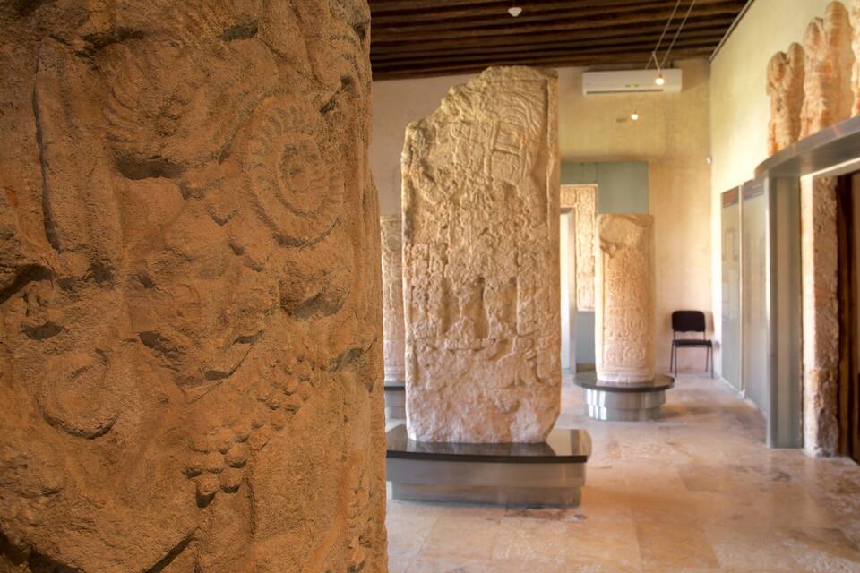 L’intérieur d’un musée, avec d’anciennes colonnes de pierre et une vitrine moderne en verre.