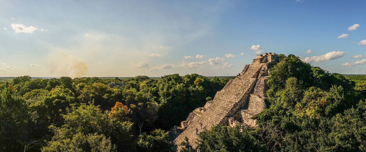 A pyramid structure surrounded by dense forest.