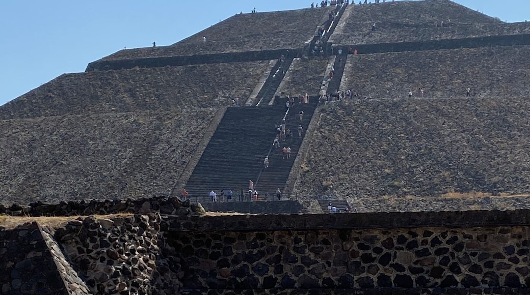 This is at Teotihuacan, north of Mexico City. The largest, by circumference at its base, pyramid at the site. Built in approximately 150 BC in preAztec times.#history