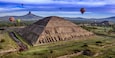Aerial view of hot air balloons above the Teotihuacan pyramid in Mexico city