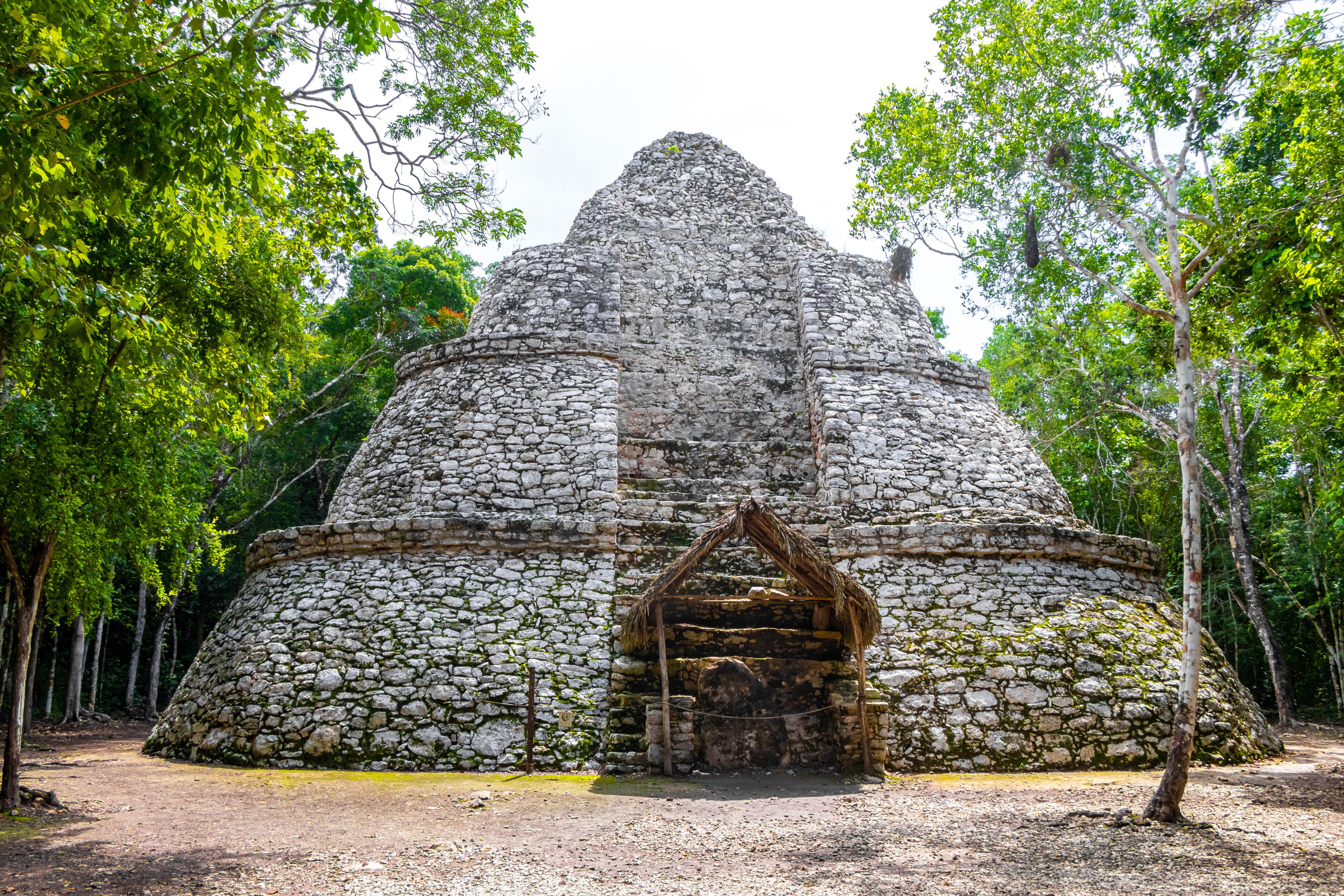 Coba Maya Ruins Xaibe building pyramid in tropical jungle Mexico.