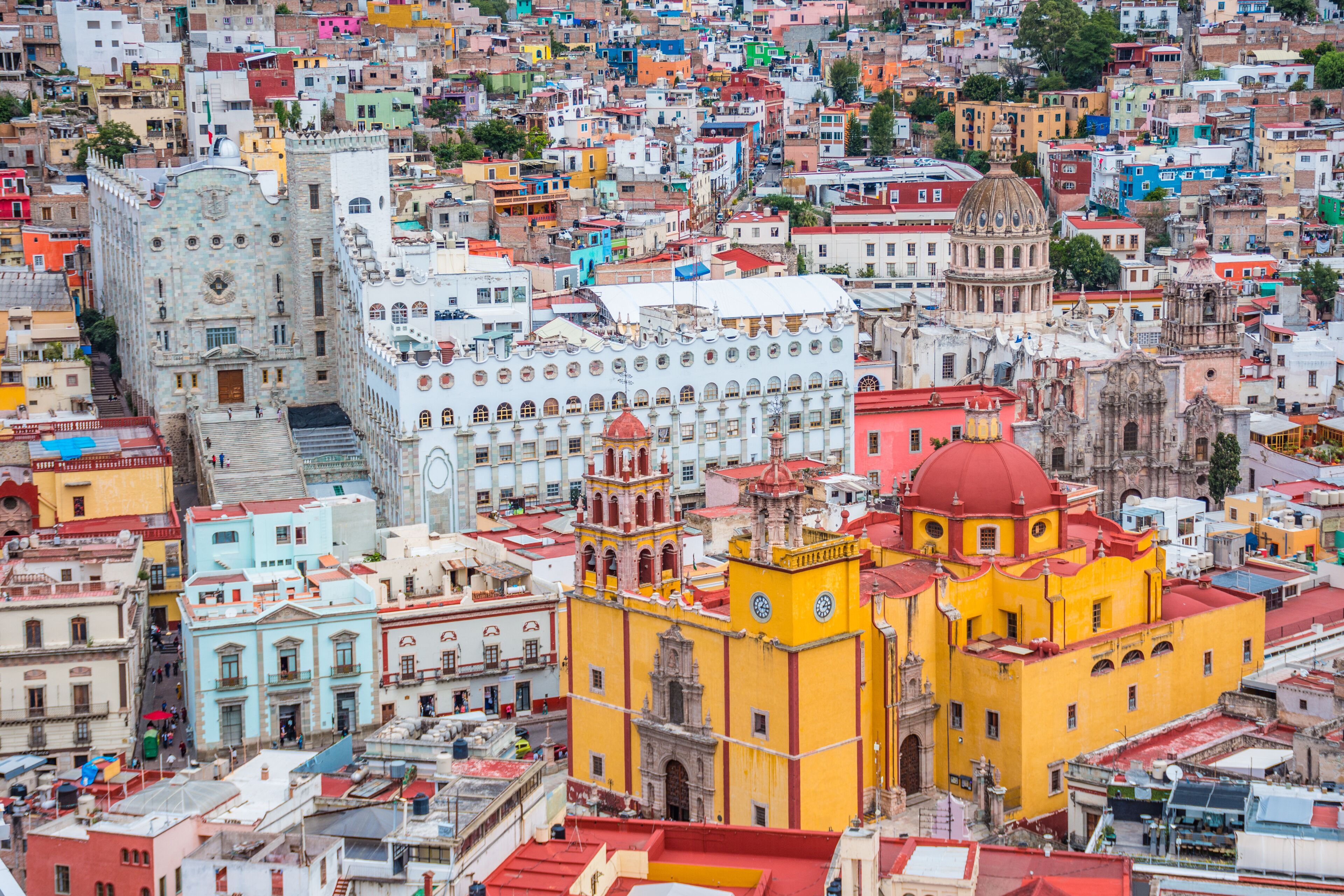 Beautiful and colorful panorama of the University and the Basilica of Guanajuato city in Mexico