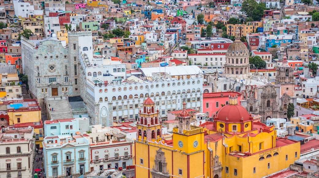 Beautiful and colorful panorama of the University and the Basilica of Guanajuato city in Mexico