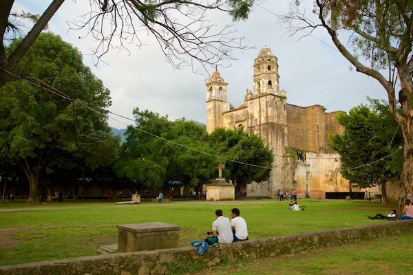 TepoztlĂĄn montrant parc et patrimoine architectural aussi bien que petit groupe de personnes