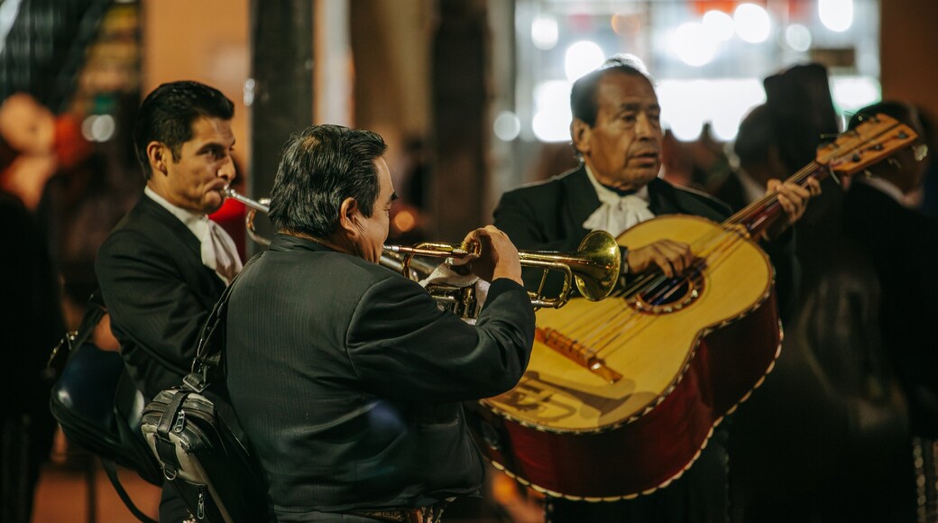 Plaza Garibaldi showing music and street performance as well as a small group of people