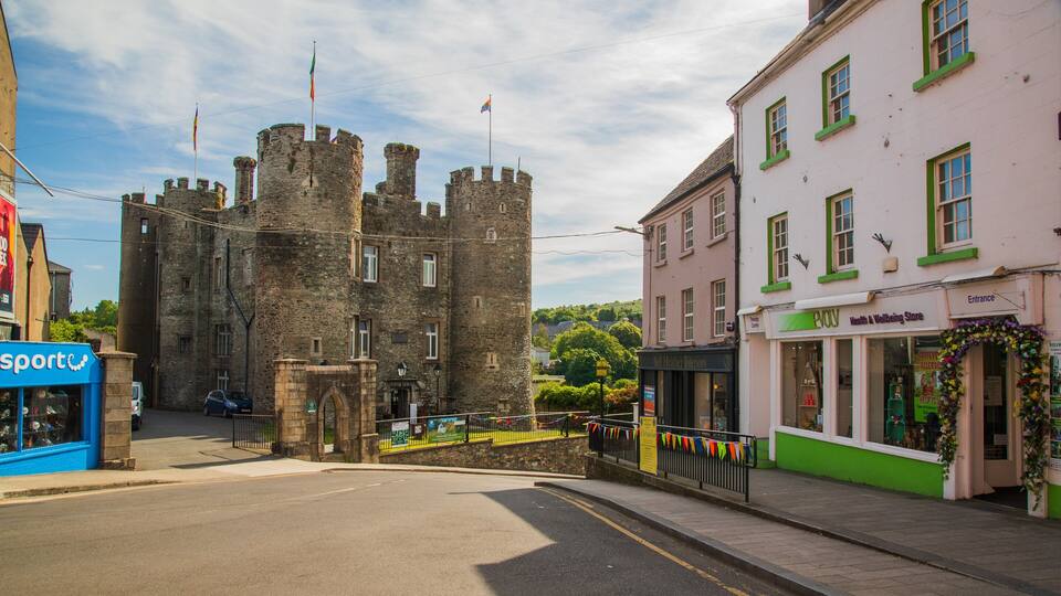 A historic castle with a flag, a Health & Wellbeing Store, and a blue storefront.