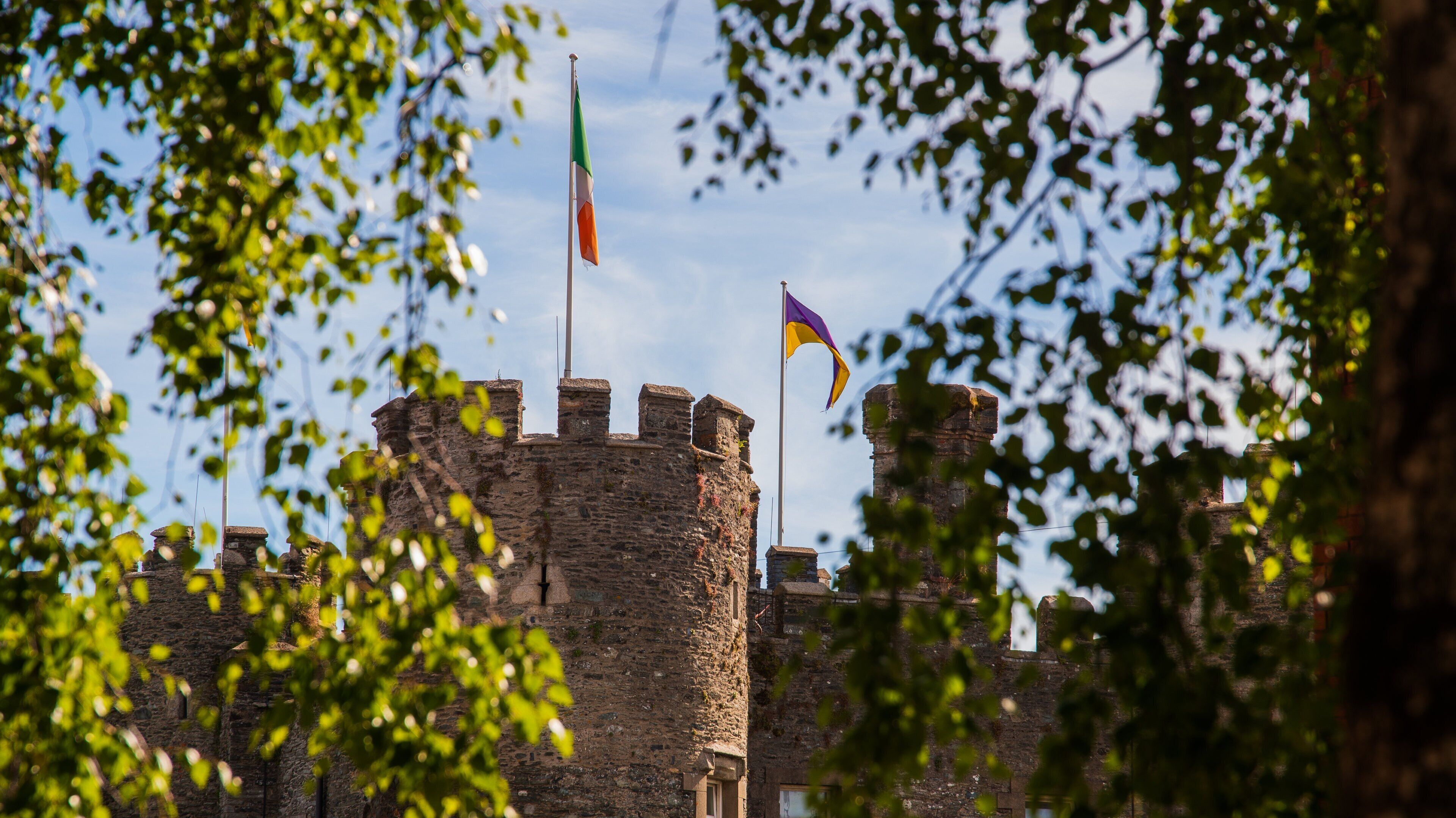 A historic stone castle with flags, surrounded by trees.