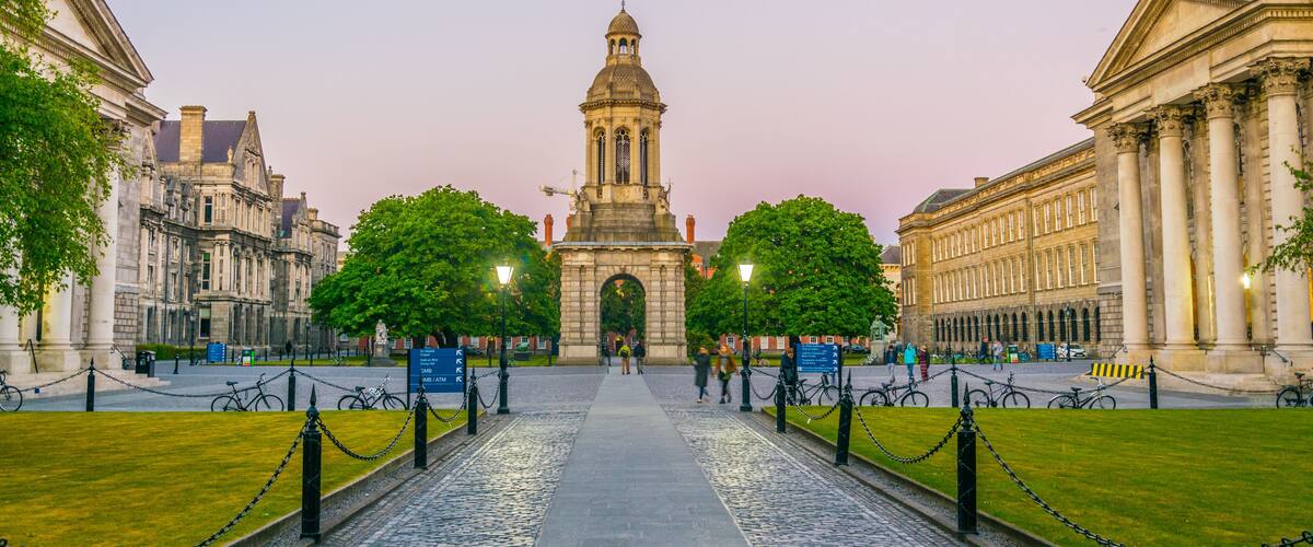 Campanile inside of the trinity college campus in Dublin, ireland