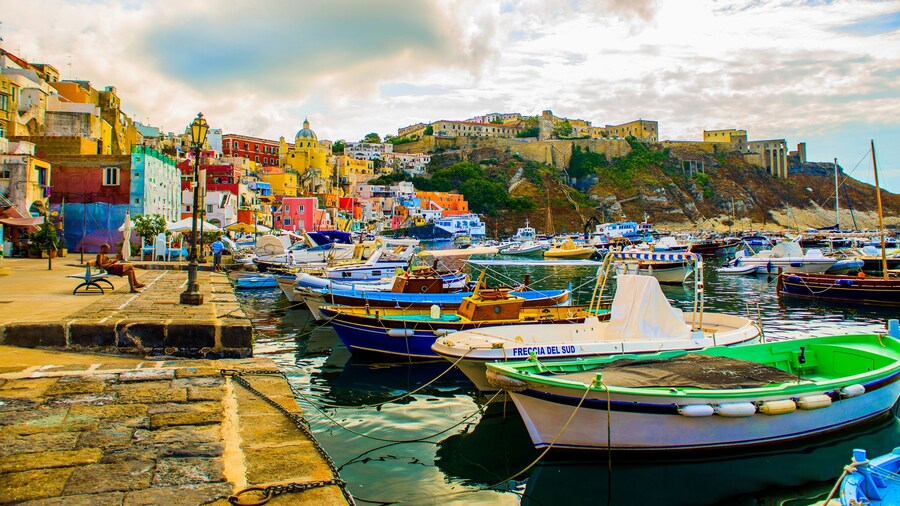 Procida, Italy-August 18, 2016: Overview of Porto Corricella in Procida Island, Italy