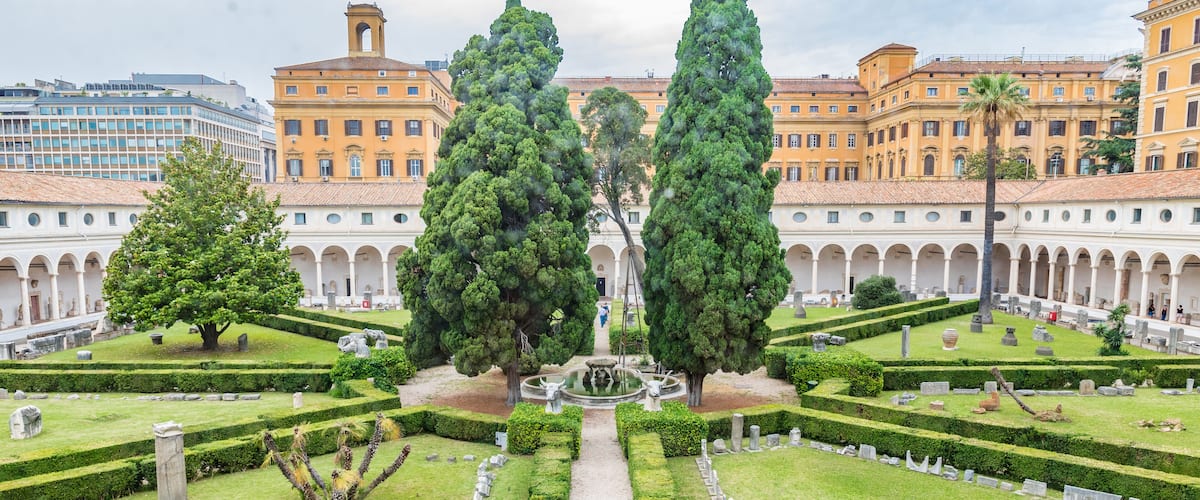The Cloister of Michelangelo of the Baths of Diocletian (Terme di Diocleziano) in Rome, Italy.