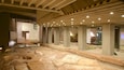 An ancient stone-paved courtyard with columns and a modern ceiling.