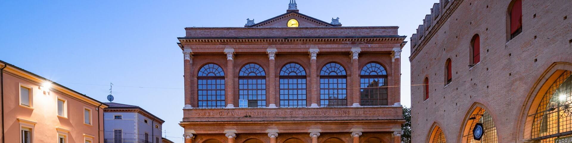 Teatro Amintore Galli showing heritage elements and night scenes