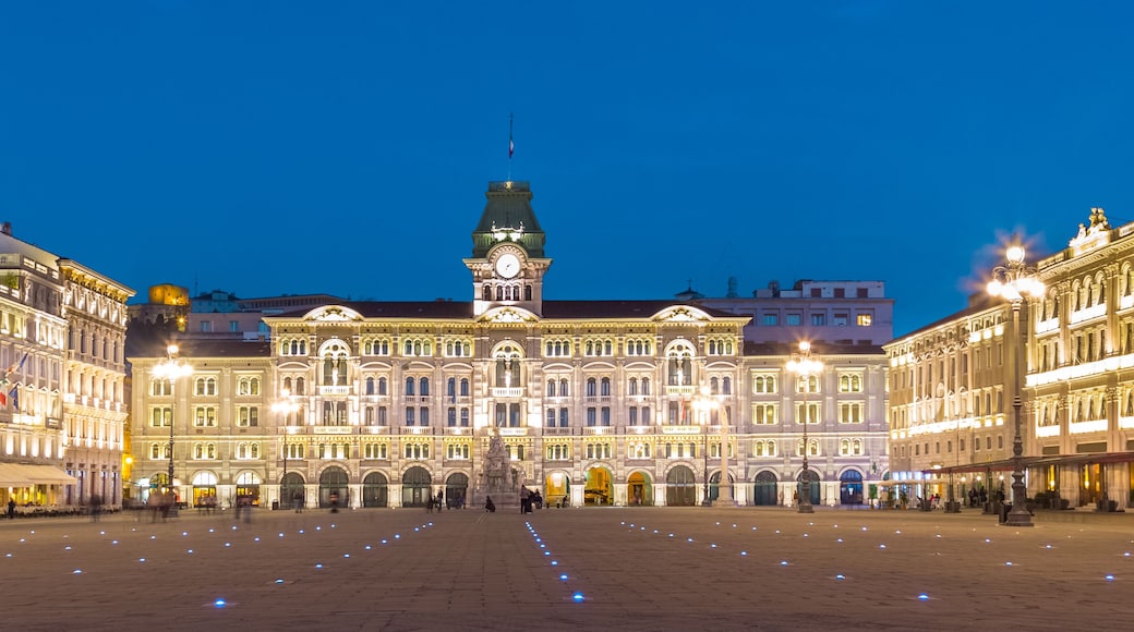 The City Hall, Palazzo del Municipio, is the dominating building on Trieste's main square Piazza dell Unita d Italia. Trieste, Italy, Europe. Illuminated city square shot at dusk