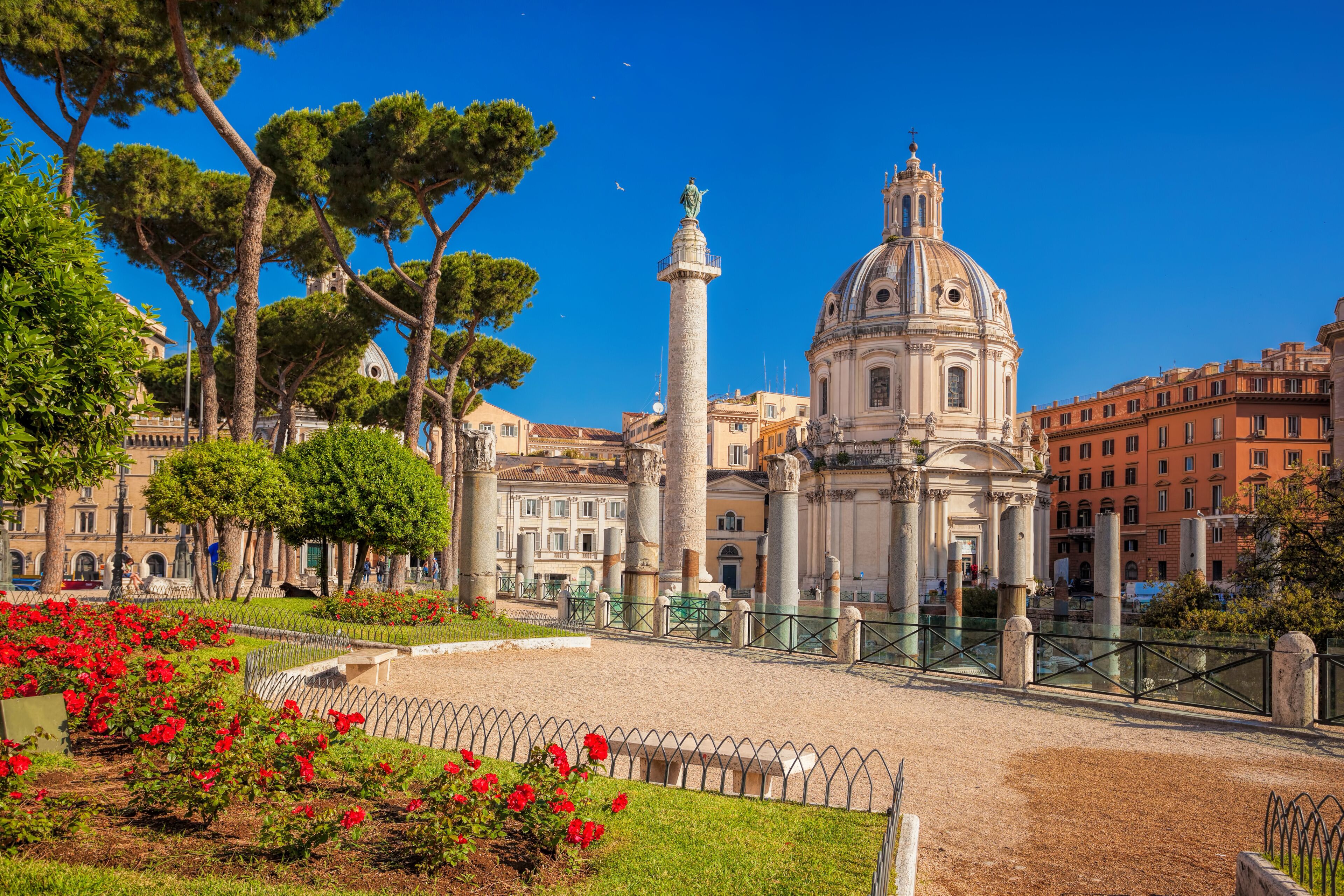 Rome with Santa Maria di Loreto church against Trajan column in Italy