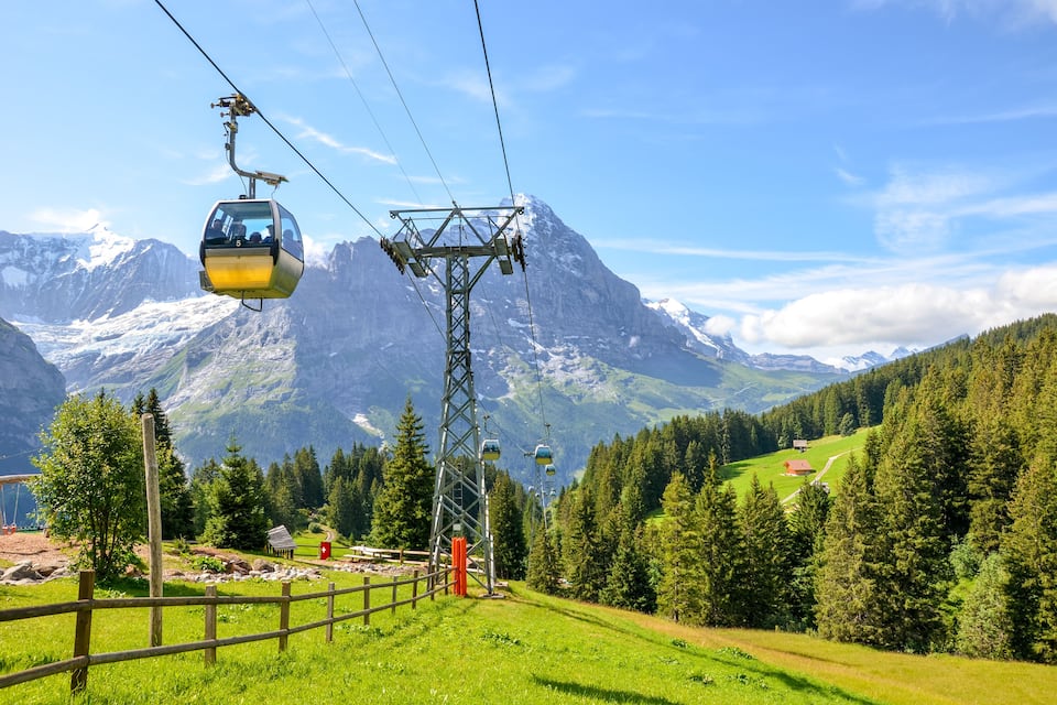 Un teleférico en una zona montañosa con picos nevados y frondosos bosques verdes.