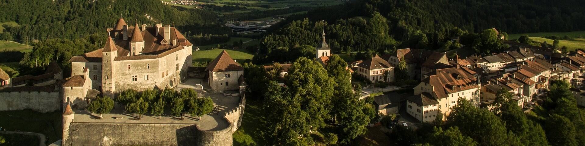 Beautiful view of the medieval town of Gruyeres, home to the world-famous Le Gruyere cheese, canton of Fribourg, Switzerland