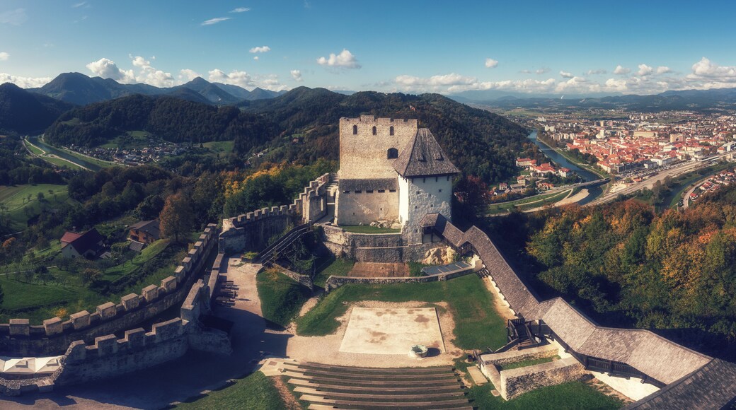 Celje Old castle (Celjski Stari grad), amazing aerial view of medieval fortification and town of Celje in Lasko valley in Julian Alps mountains, Slovenia, Styria. Outdoor travel background, panorama