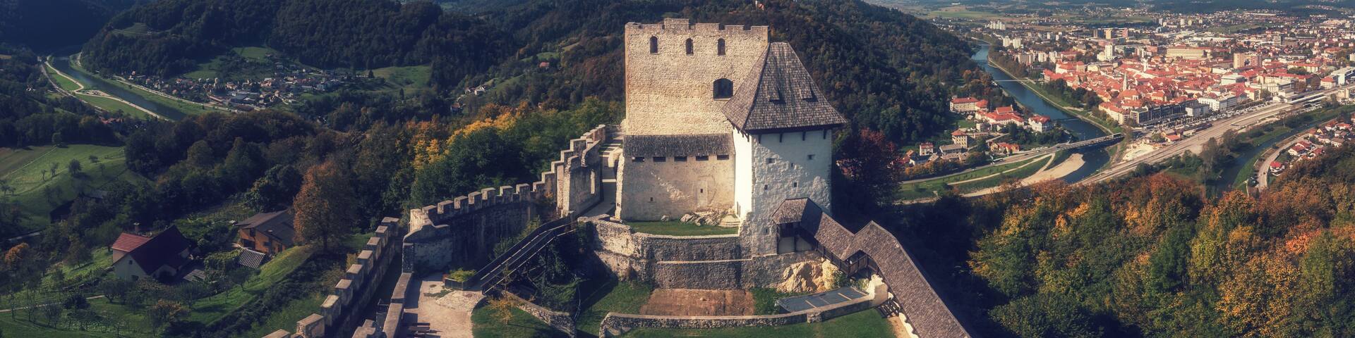 A historic castle with a moat, surrounded by lush greenery and mountains in the background.