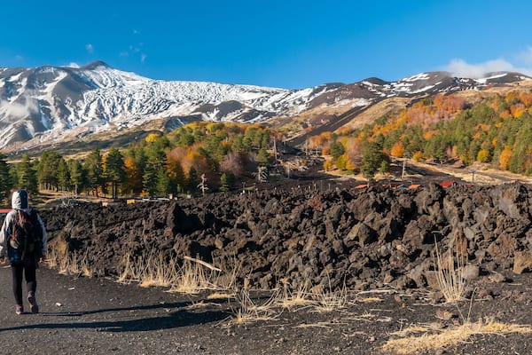Panoramic view of northern side of Mount Etna, Sicily, with hikers walking on a lavic path