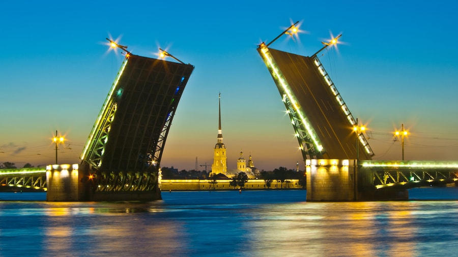 Neva river. Palace Bridge, Peter and Paul Cathedral. White night in St.-Petersburg, Russia