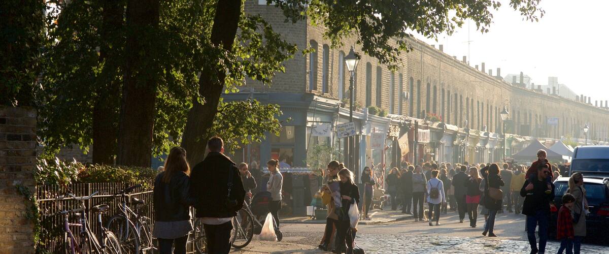 Columbia Road Flower Market featuring markets and street scenes