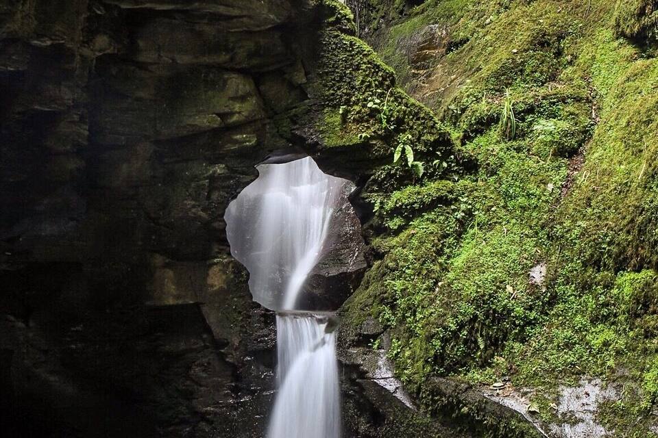 A waterfall cascading down a moss-covered cliff into a clear pool.