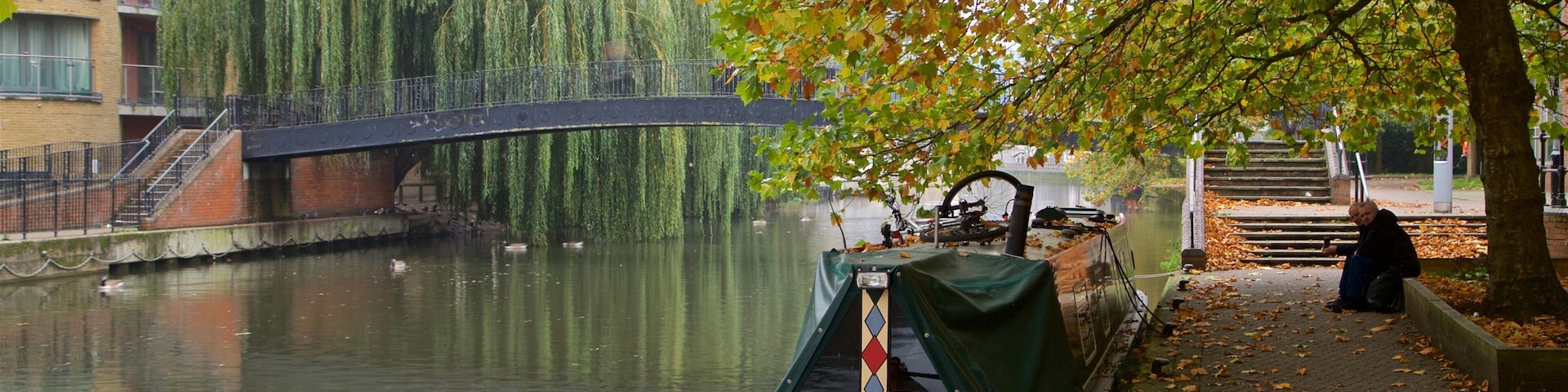 A canal with a narrowboat docked at the edge, a bridge in the background, and a tree with autumn leaves.