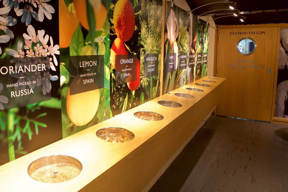 A gin tasting area with labels for different gin flavors like coriander, lemon, and orange, each hand-picked from specific countries.