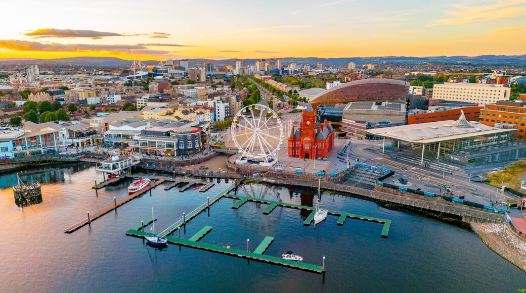 Sunset panorama view of Cardiff bay in Wales