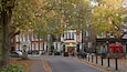 A tree-lined street with buildings, a pub named 'The Cricketers', and red telephone booths.