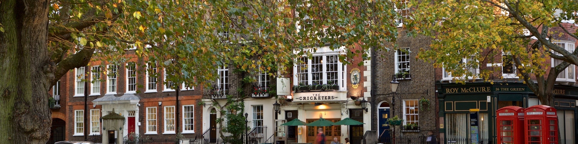 Rua arborizada com edifícios, um pub chamado 'The Cricketers' e telefones públicos vermelhos.