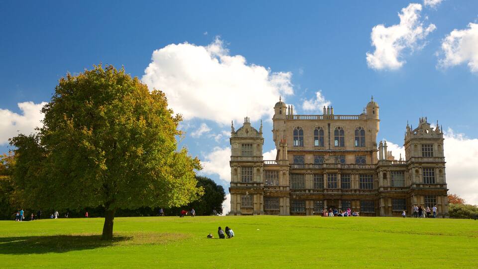 A large historic building with a prominent tree in the foreground.