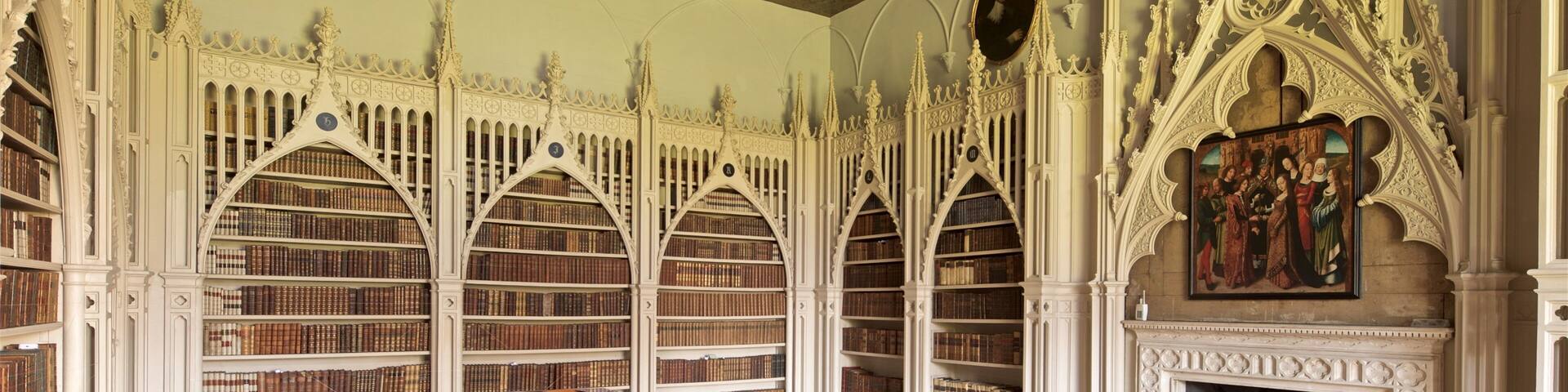 A grand library with ornate Gothic architecture, high wooden bookshelves, and a fireplace.