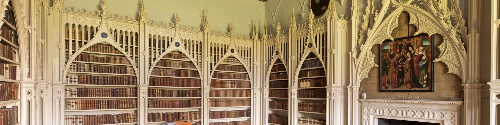 A grand library with ornate Gothic architecture, high wooden bookshelves, and a fireplace.