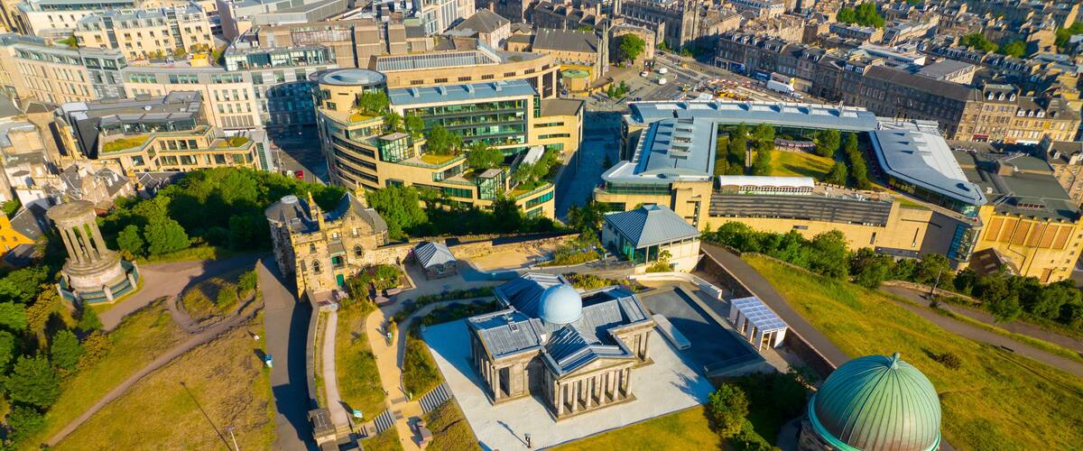 City Observatory aerial view on Calton Hill in New Town of Edinburgh, Scotland, UK. New Town Edinburgh is a UNESCO World Heritage Site since 1995.