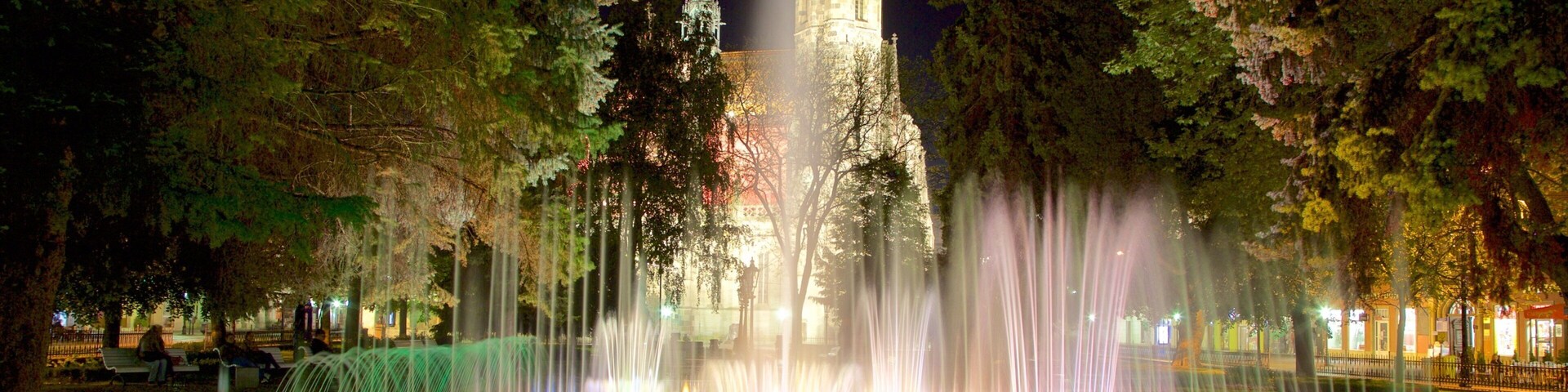 Una fuente iluminada con luces de colores, rodeada de árboles y una torre destacada.