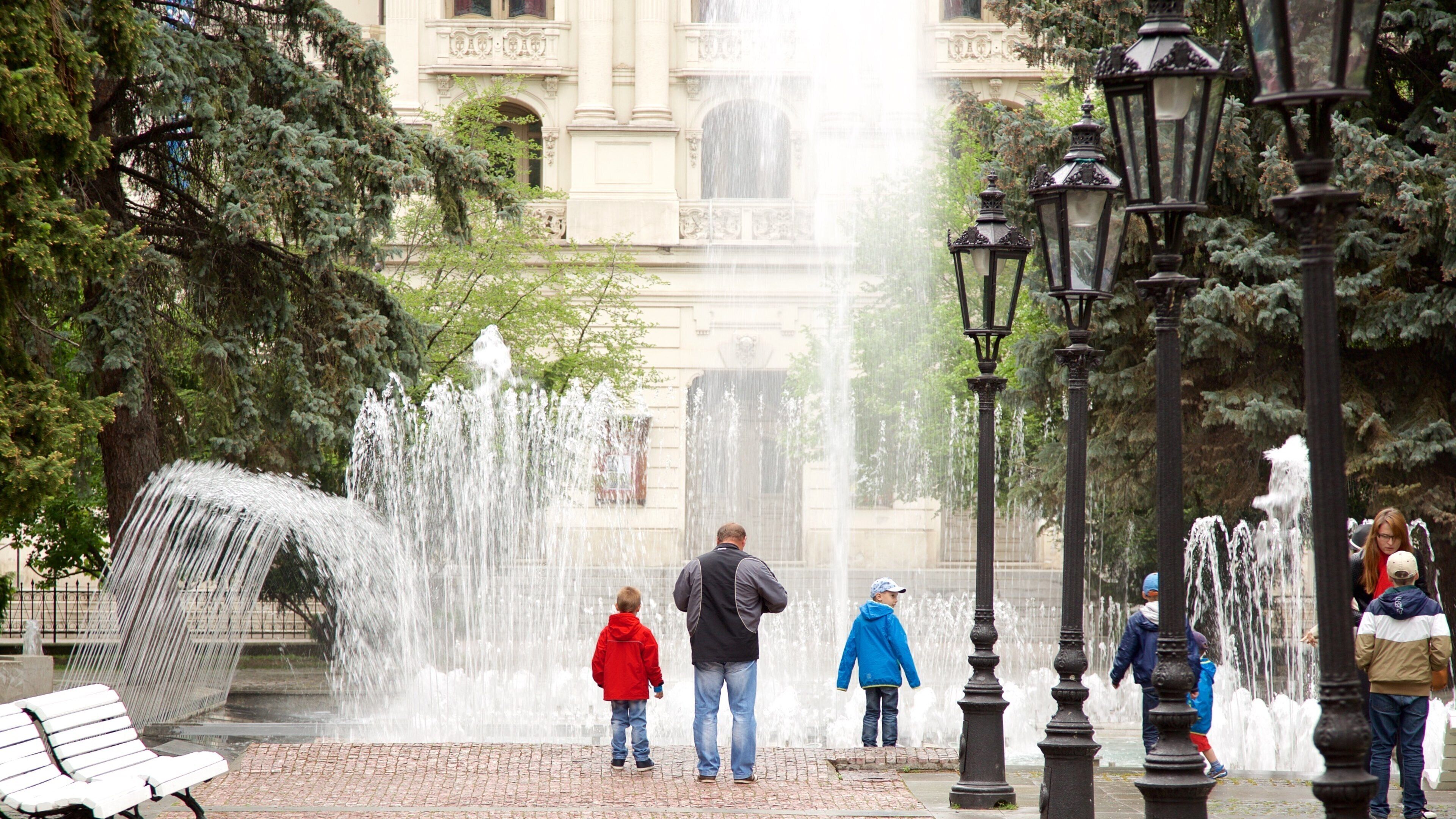 Kosice caracterizando uma praça ou plaza e uma fonte assim como uma família