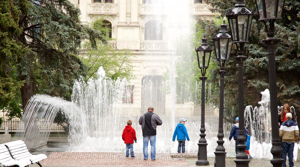 Kosice which includes a square or plaza and a fountain as well as a family