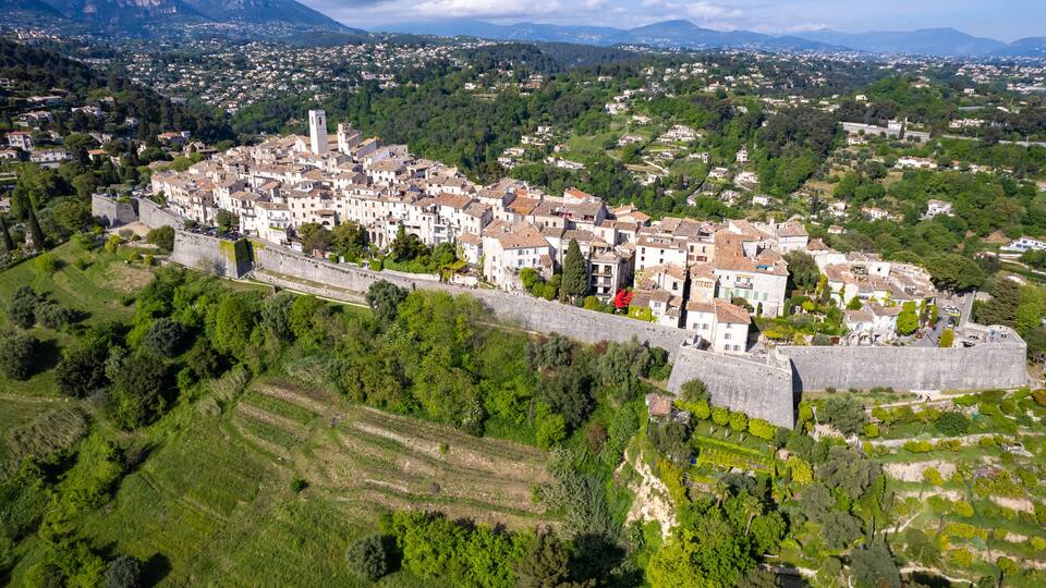 Aerial view of the fortified French village of Saint Paul de Vence in the French Riviera