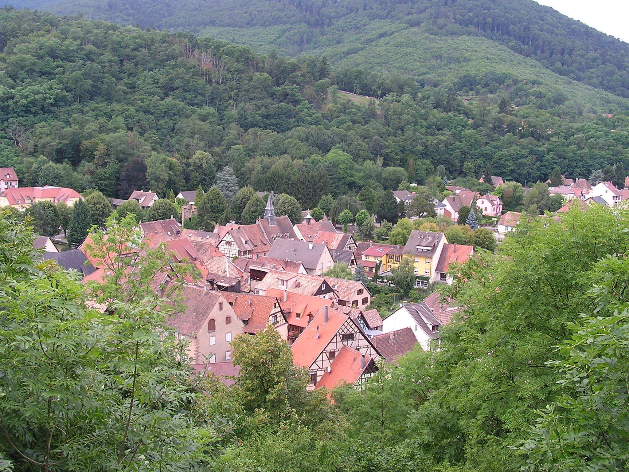 A town nestled in a valley with red-roofed houses and a forested hillside in the background.