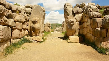 Un sendero de piedra flanqueado por grandes formaciones rocosas, con un cielo despejado arriba.