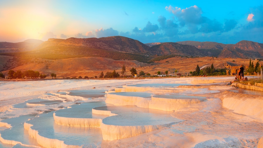 Natural travertine pools and terraces in Pamukkale. Cotton castle