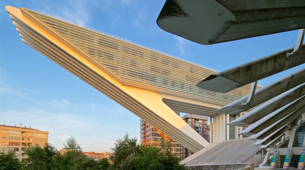 Palacio de Exposiciones y Congresos som viser en solnedgang, moderne arkitektur og en by