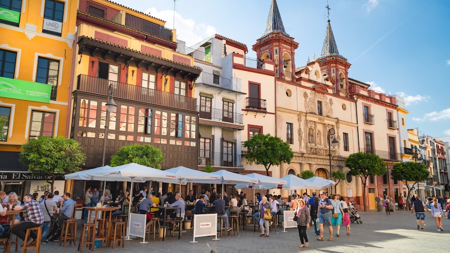 Salvador Plaza showing outdoor eating as well as a small group of people