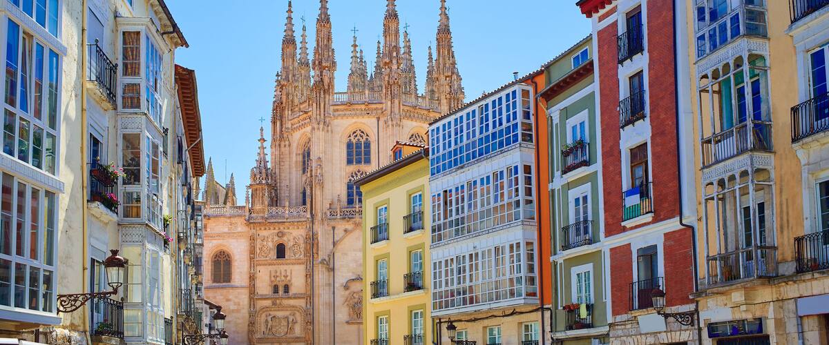 Burgos downtown colorful facades and Cathedral in Castilla Leon of Spain; Shutterstock ID 333240056
