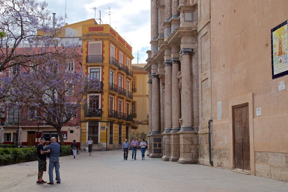 A pedestrian street with historic buildings, a tree with purple flowers, and people walking.